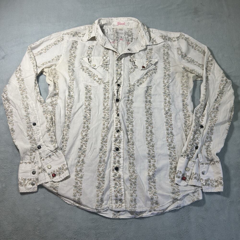 Y2k 2000s Diesel Jeans Pearl Snap Western Floral Shirt Womens 2XL Stained Flower
